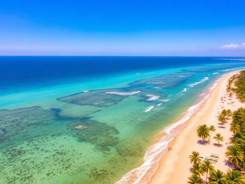 Praia de Maceió com mar azul-turquesa e coqueiros